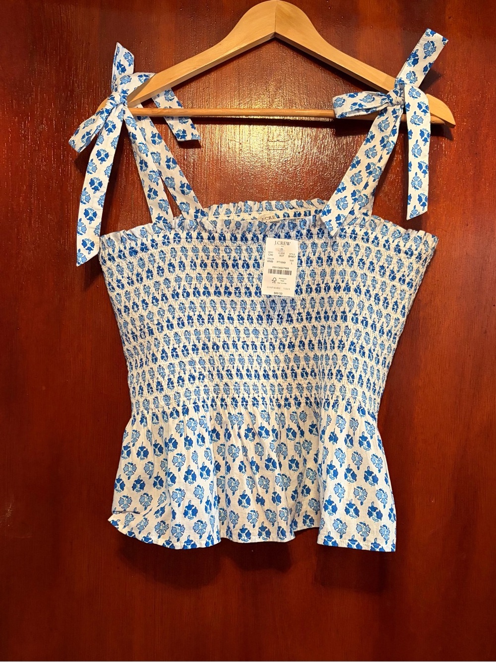 J. Crew White and Blue Floral Smocked Tie-Shoulder Peplum Camisole